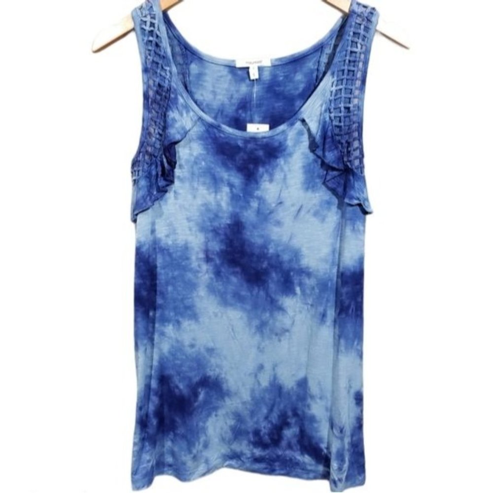 Maurices NWT tie dyed ruffle‎ front sheer trim squares tank top woman's size S